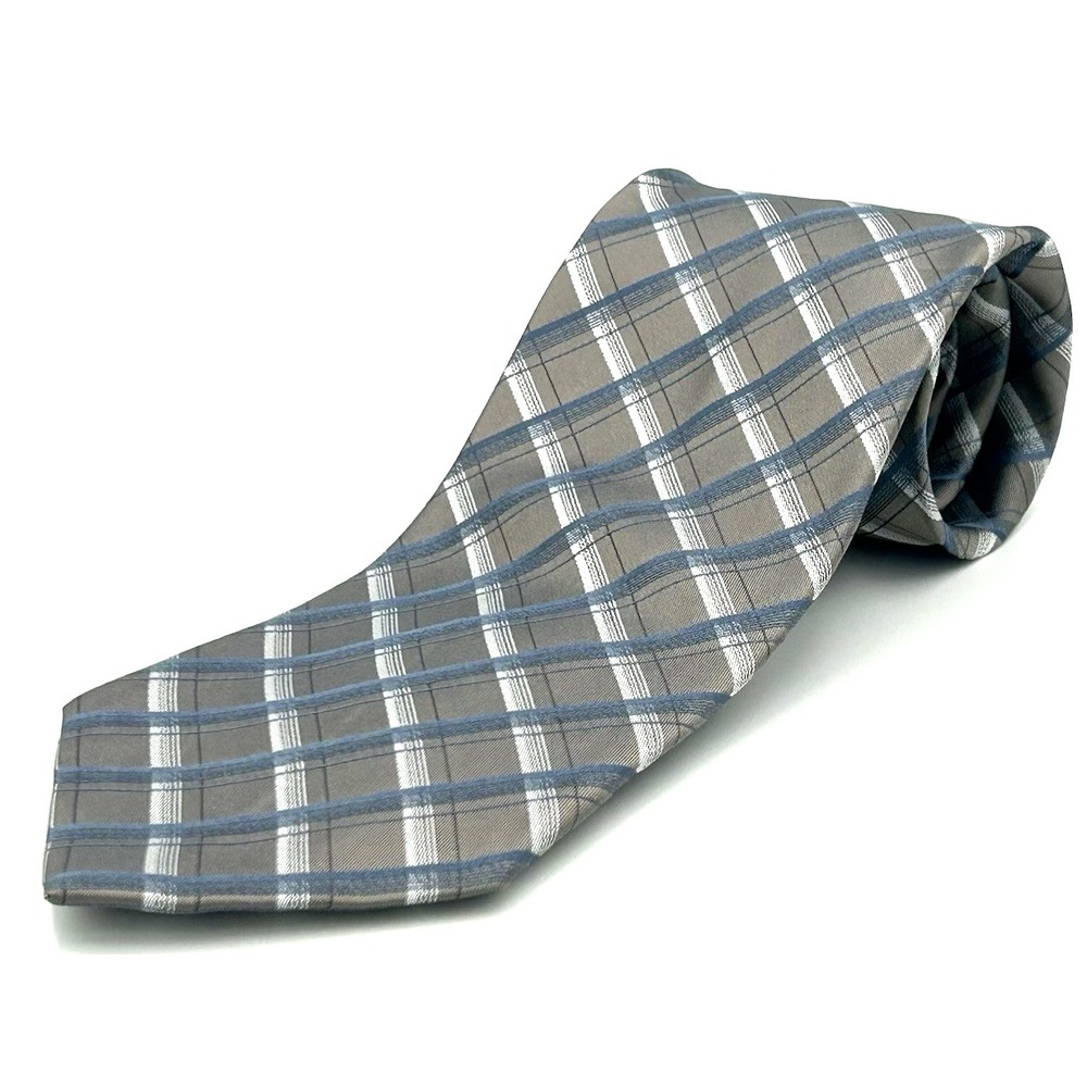 Calvin Klein 100% Silk Men's Neck Tie Silver Blue Diagonal Plaid 3.5 Width 60 L